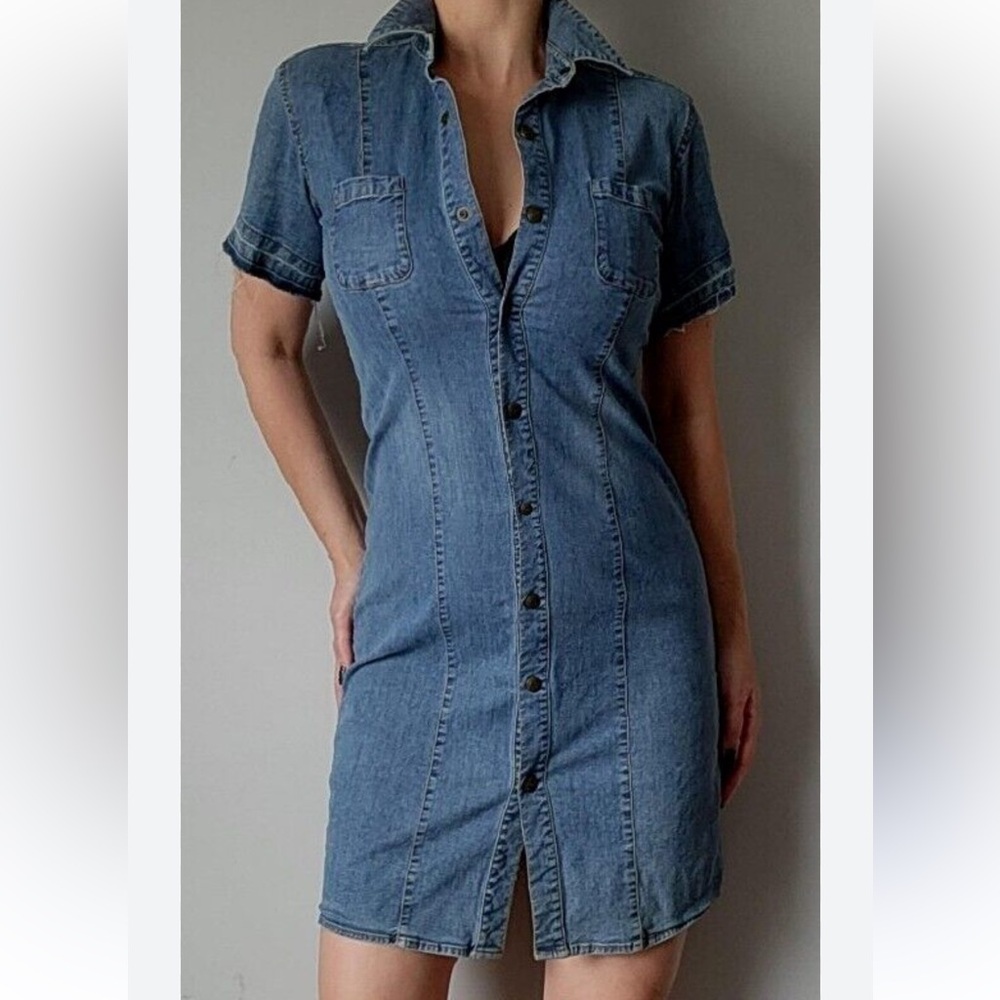 Polo by Ralph Lauren SZ LG Vintage 90โs Blue Denim snap buttonโ shirt Mini Dress